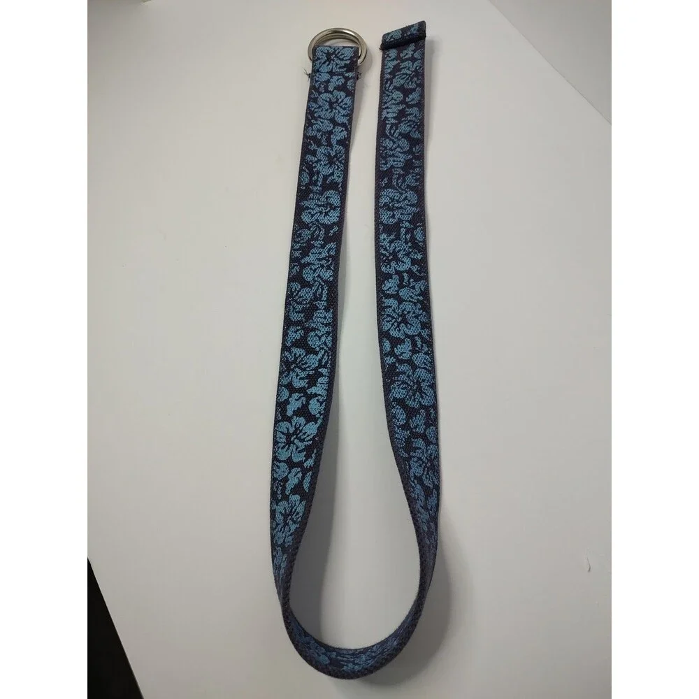 Blue Floral Print Fabric D-Ring Belt Woven Cotton Webbing Adjustable 38